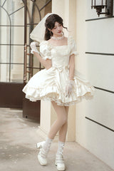 White [Letters and Poems] Square Collar Short Sleeves Ruffle Hanayome Bowknot Sweet Elegant Gorgeous Lolita Dress - Product - 9