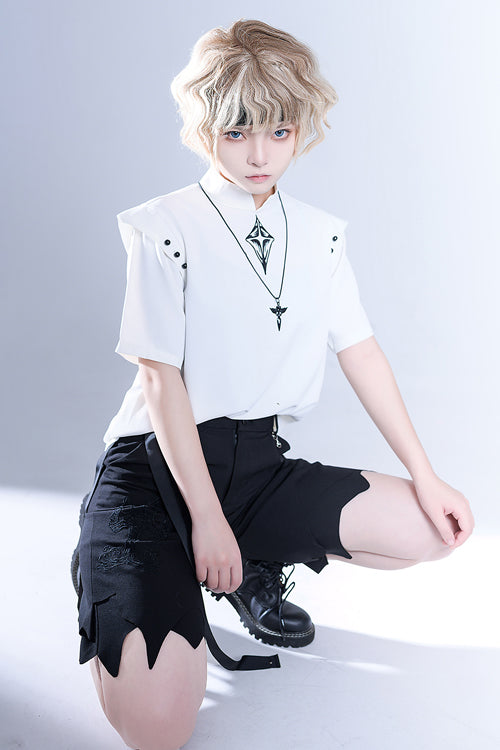 White Stand Collar Shoulder Expansion Spooky Shadow Embroidered Ouji Lolita Short Sleeves - Product - 3