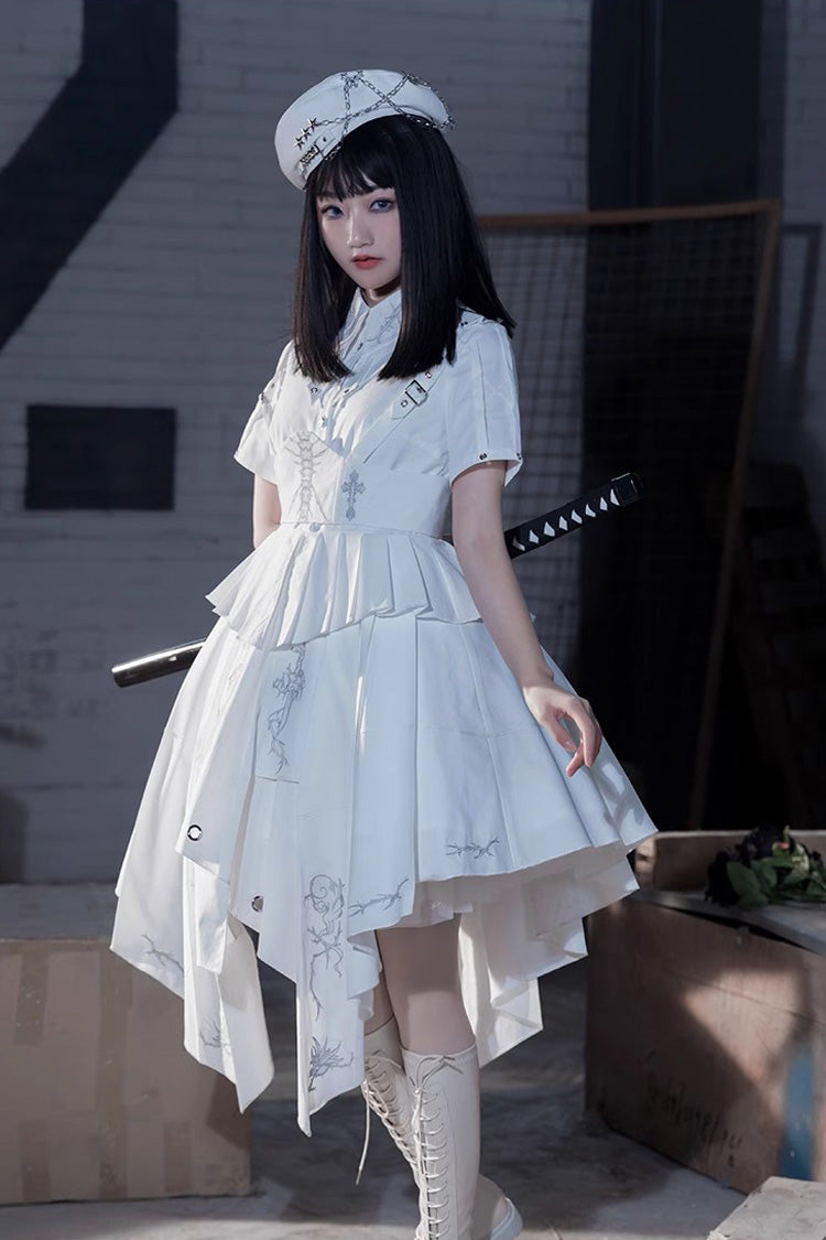 White Travelling Thorns Short Sleeves Print Gothic Elegant Lolita Dress - Product - 2