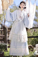 Light Blue [Alice in the Illusion] Stand Collar Pastoral-StylePrinted Bow Lace Chinese Style Vintage Lolita Ma Mian Skirt Set - Product - 7