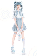 White/Blue Short Sleeves Ruffle Slim Jirai Kei Japanese Skirt Set - Product - 3