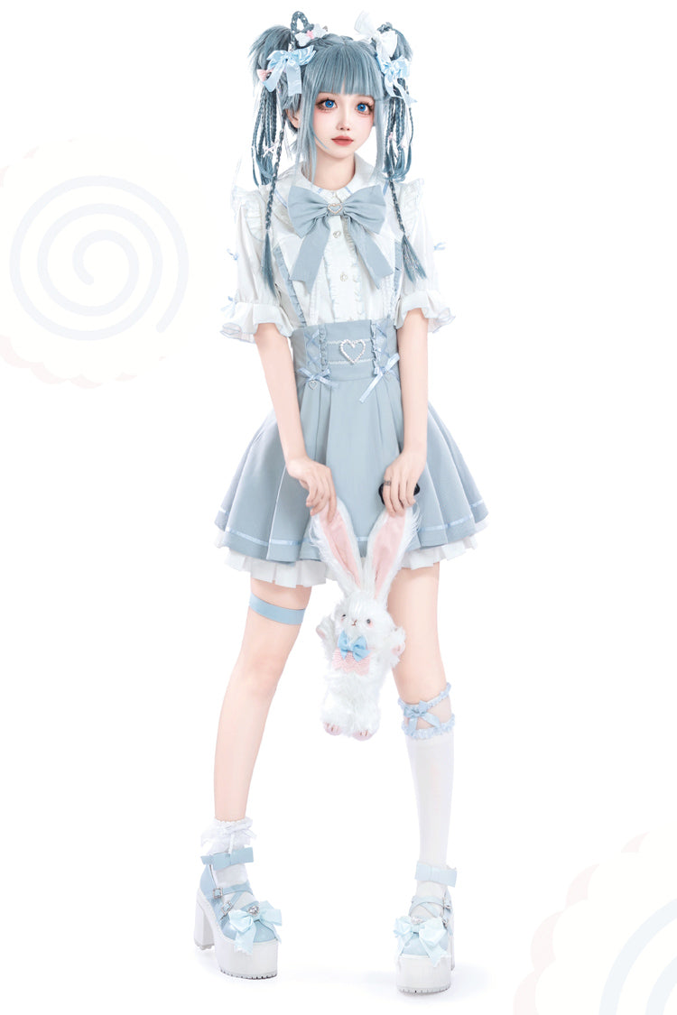 White/Blue Short Sleeves Ruffle Slim Jirai Kei Japanese Skirt Set - Product - 3
