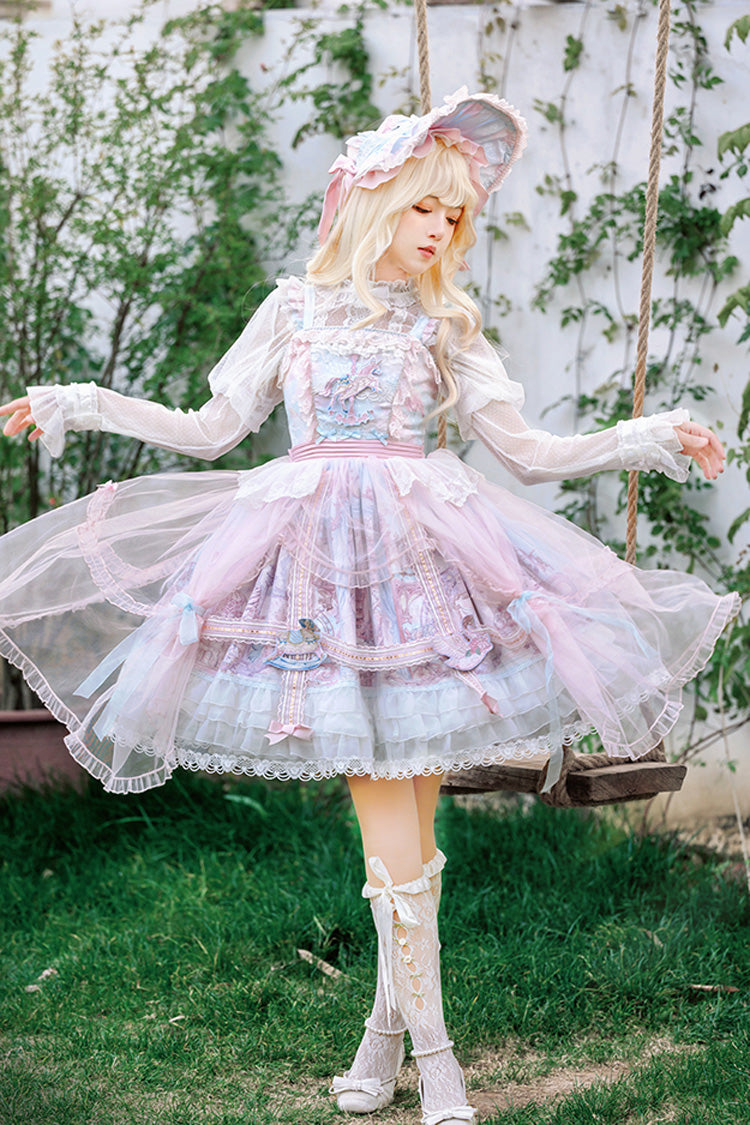 Pink/Blue [Pegasus Park] Multi-Layered Print Ruffle Bowknot Lace Sweet Gorgeous Lolita Jsk Dress - Pink/Blue - 1