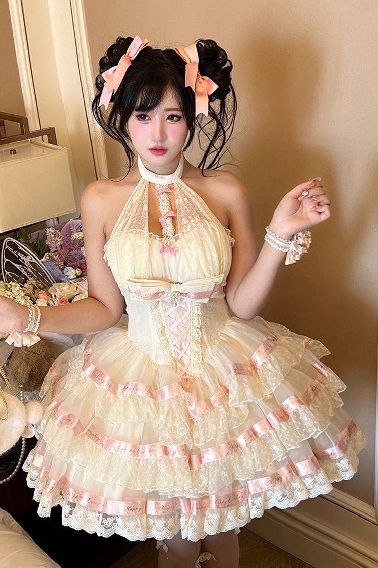 Beige [Ballet Dream] Halterneck Triple-Layered Ruffle Bowknot Lace-Up Sweet Princess Lolita Dress - Product - 2
