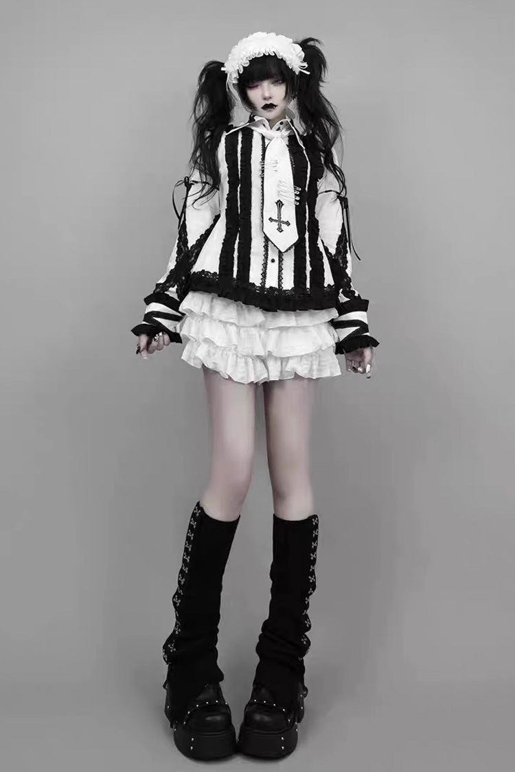 White/Black Lapel Collar Long Sleeves Embroidery Gothic Jirai Kei Blouse - White/Black - 1