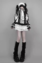 White/Black Lapel Collar Long Sleeves Embroidery Gothic Jirai Kei Blouse - White/Black - 1