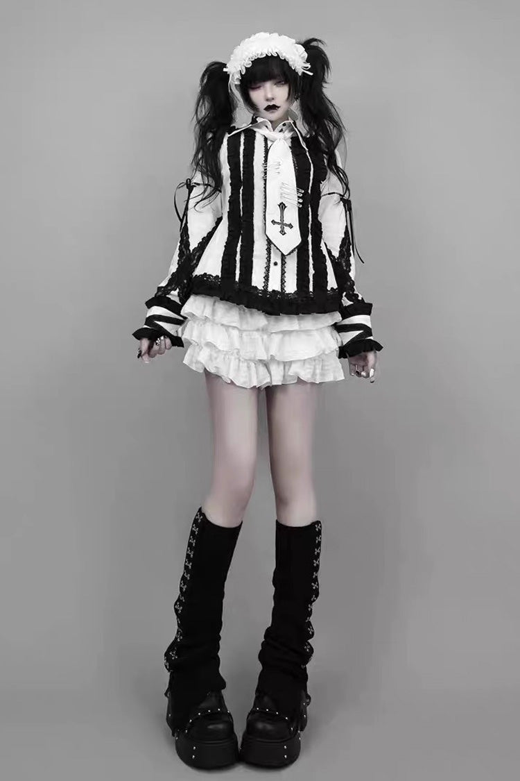 White/Black Lapel Collar Long Sleeves Embroidery Gothic Jirai Kei Blouse - White/Black - 1