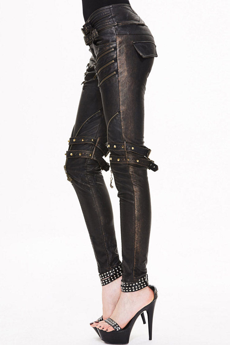 Brown Leather Metal Eyelets Belt Metal Buckle Leg Loop Hand-Rubbed Women's Punk Pants - Product - 4