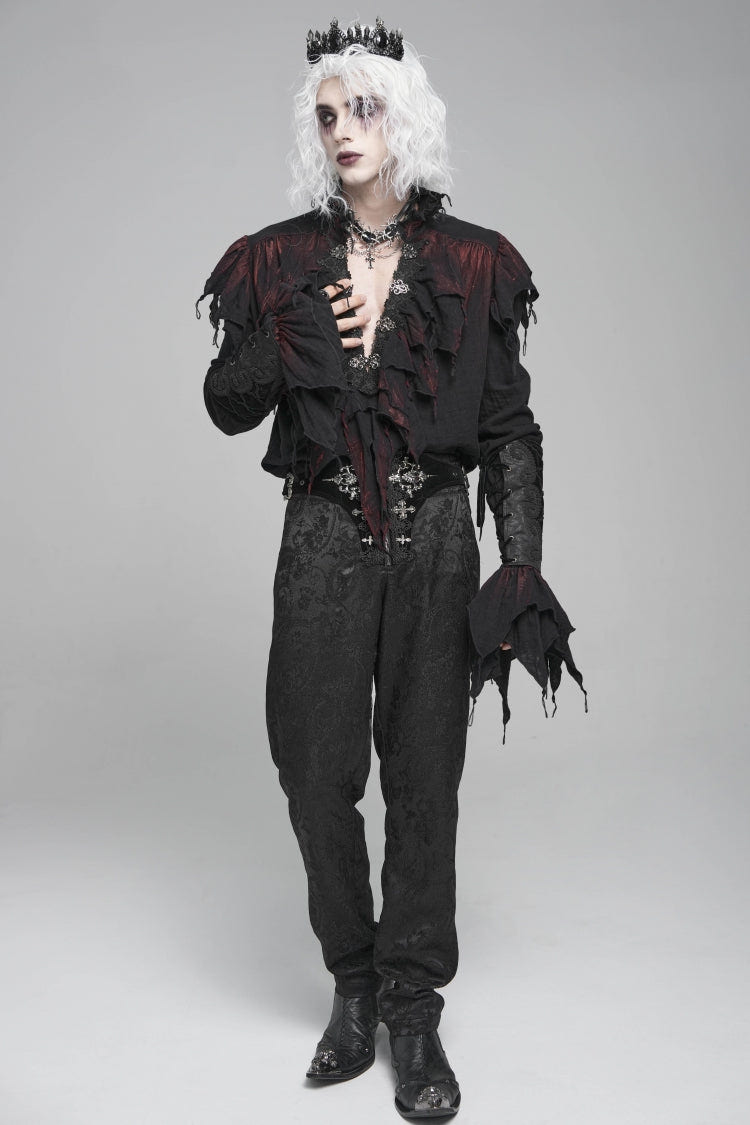 Black/Red Stand Collar Long Sleeves Ruffled Men's Gothic Plunging Shirt - Product - 7