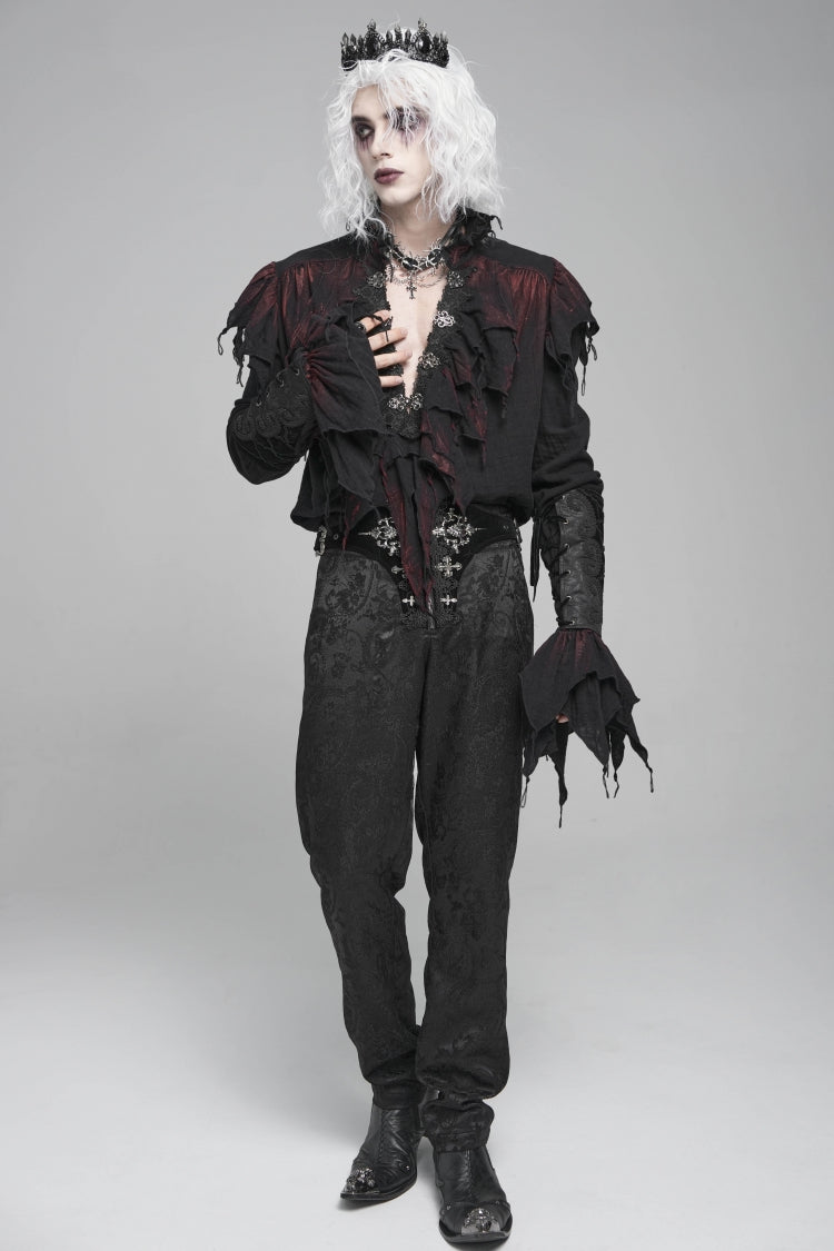 Black/Red Stand Collar Long Sleeves Ruffled Men's Gothic Plunging Shirt - Product - 7