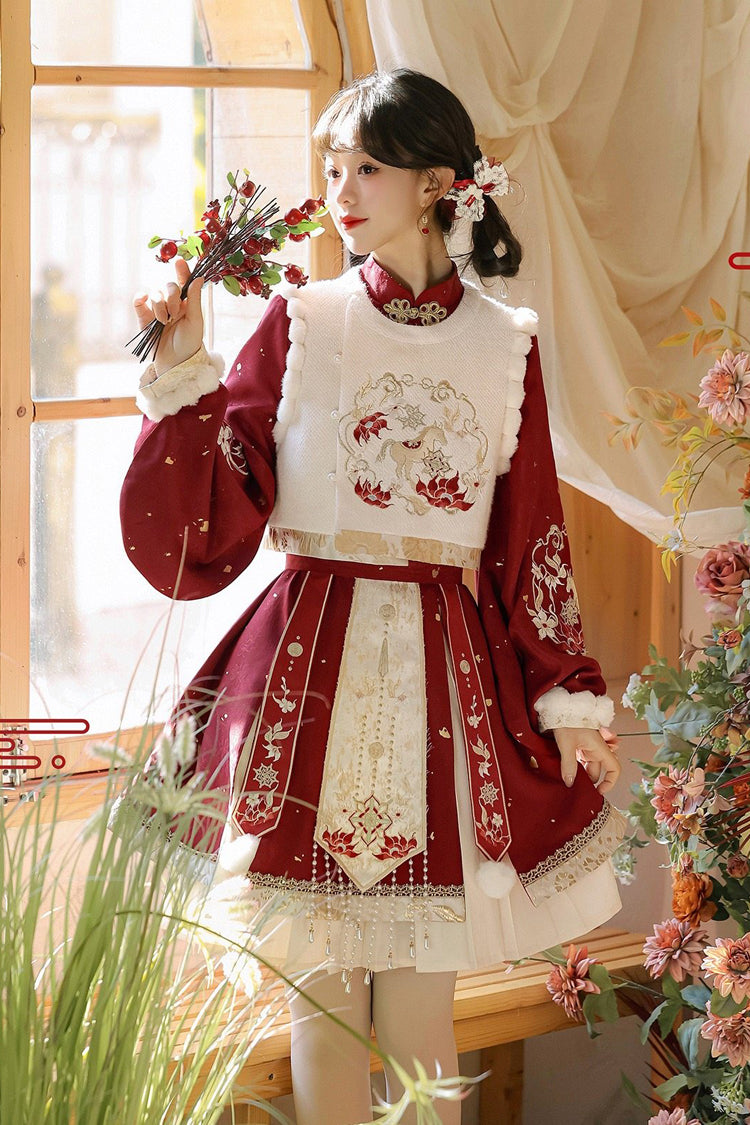 Red Round Collar Long Lantern Sleeves High Waisted Embroidered Women's Sweet Hanfu Dress Set - Product - 3