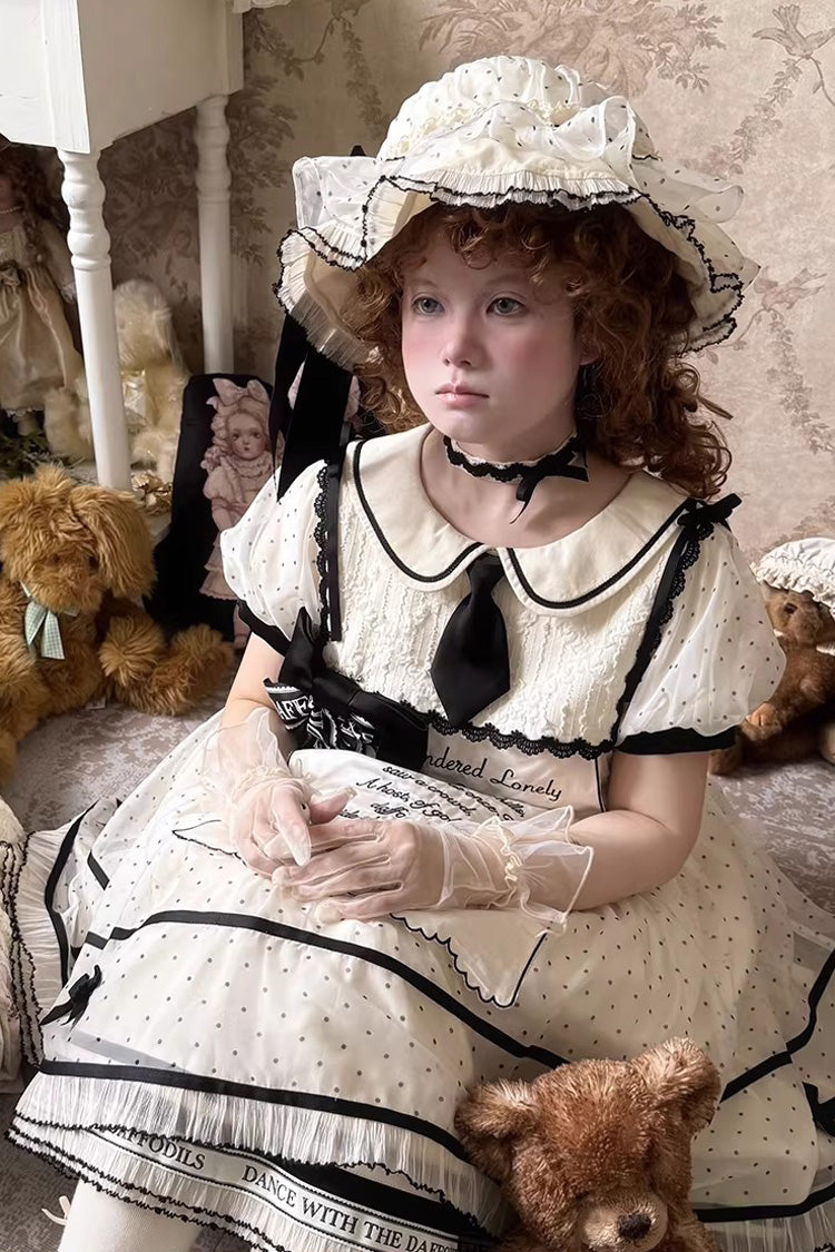 Beige [William Wordsworth’s Lyric Poetry] Doll Collar Polka Dots Printed Lace Sweet Princess Lolita Dress - Product - 6