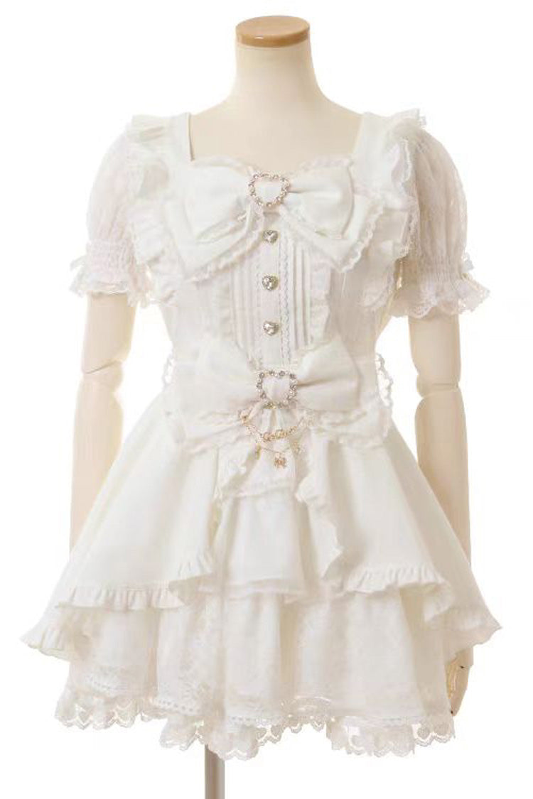 Sweet Jirai Kei Square Collar Short Sleeves Ruffle Bowknot Lace Japanese Dress Set 3 Colors - White - 5
