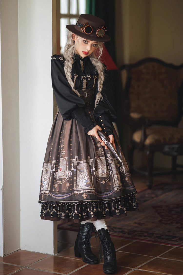Demon Hunting Notes Print Ruffle Sweet Elegant Lolita Skirt 2 Colors - Brown - 14