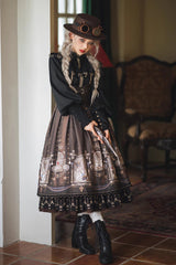 Demon Hunting Notes Print Ruffle Sweet Elegant Lolita Skirt 2 Colors - Brown - 14