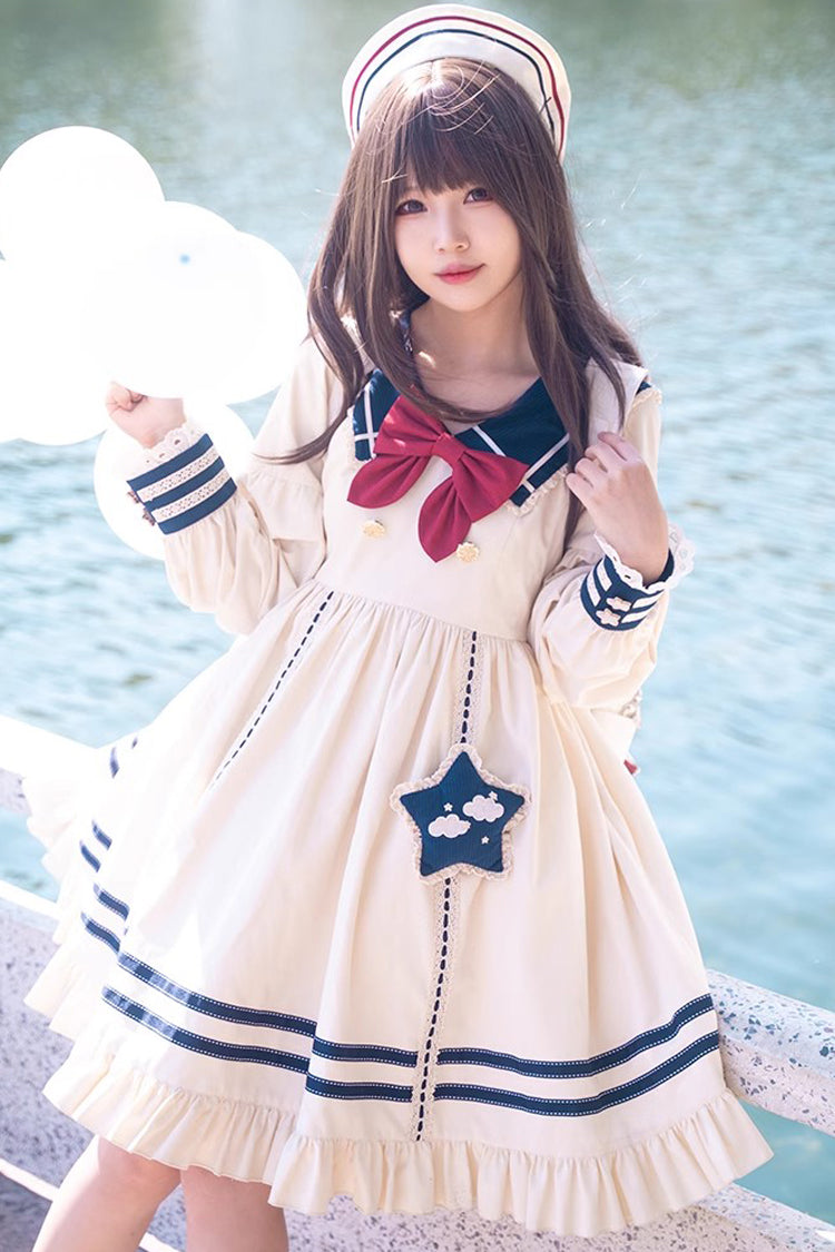 College Navy Style Bowknot Ruffle Long Sleeves Sweet Lolita Dress - Product - 4