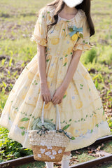Yellow [Lemon Chicken] Short Sleeves Print Ruffle Bowknot Lace Daily Sweet Lolita Dress - Product - 4