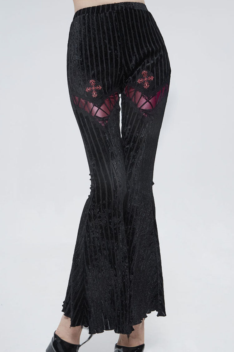 Black Gothic Striped Flocking V-Shaped Cross Lace Stitching Flared Women's Pants - Black - 1