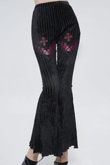 Black Gothic Striped Flocking V-Shaped Cross Lace Stitching Flared Women's Pants - Black - 1