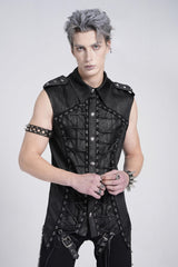 Black Sleeveless Studded Lace-Up Men's Gothic Blouse - Product - 2