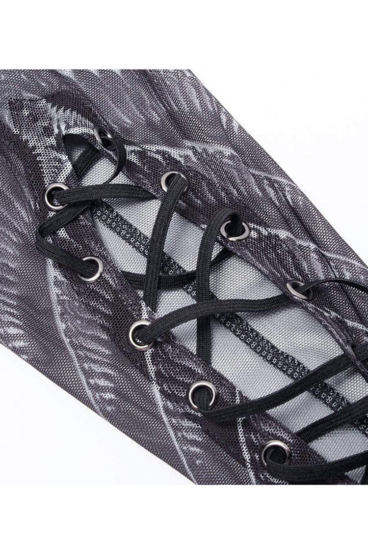 Black/White Gothic Personality Skull Print Pattern Elasticity Mesh Tight Sexy Perspective Tie Cord At Cuff Women's Shirt - Product - 6