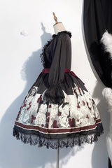 Black [Alice of the Asylum] Print Bowknot Lace Gothic Lolita Dress 2 Versions - Product - 16