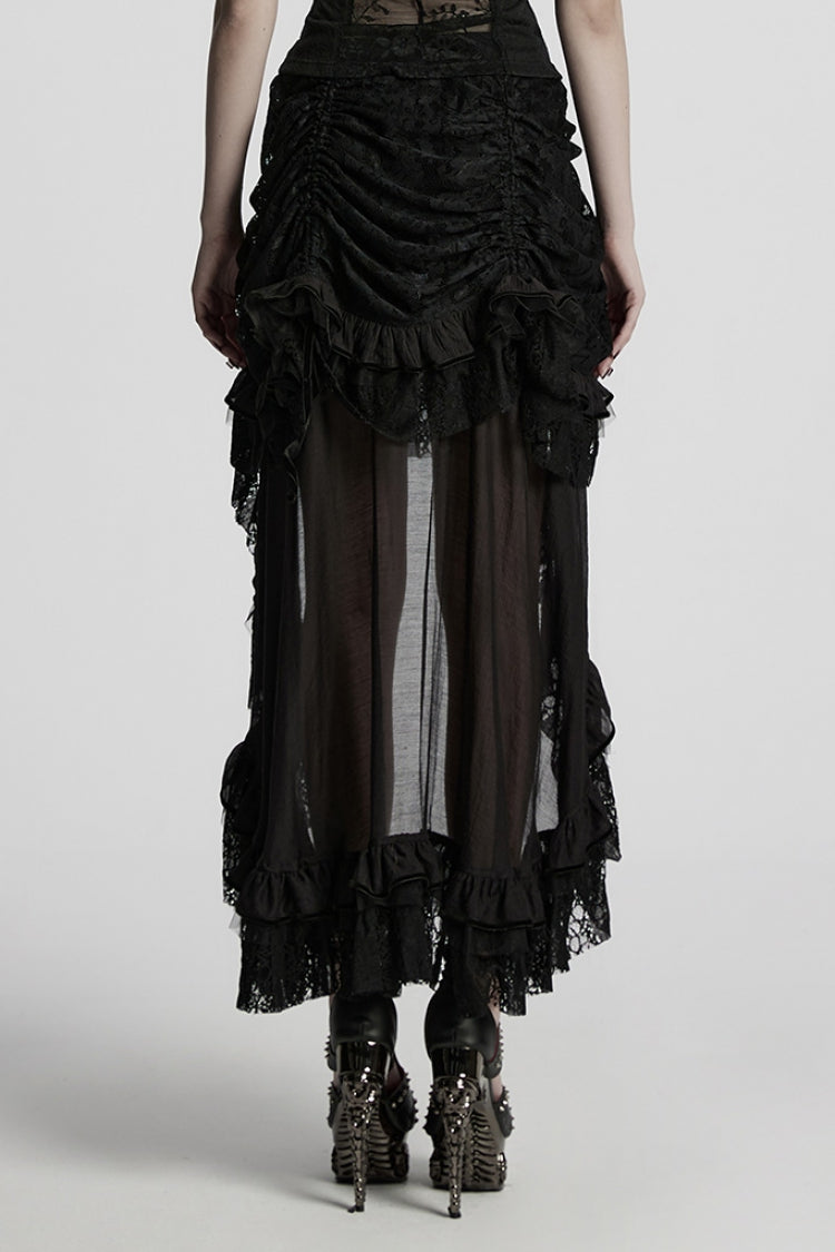 Black Drawstring Hollow Lace Women's Punk Skirt - Product - 3