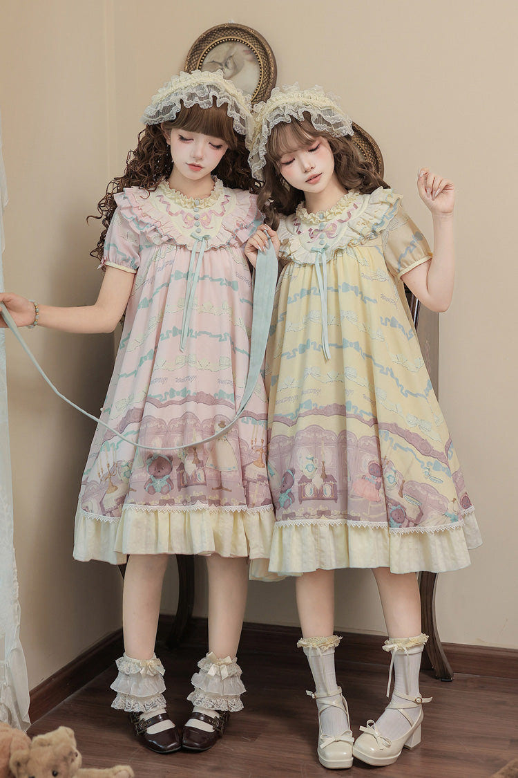 ピンク [Brown Dollhouse] 半袖 Bear プリント フリル リボン スウィートロリータワンピースセット 商品画像