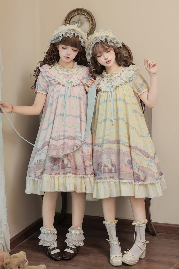 Pink [Brown Dollhouse] Short Sleeves Bear Printed Ruffled Bow Sweet Lolita Dress Set - Product - 15