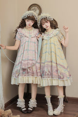 Pink [Brown Dollhouse] Short Sleeves Bear Printed Ruffled Bow Sweet Lolita Dress Set - Product - 15