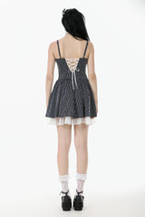 Black/White Pinstriped Sleeveless Lace Lace-Up Women's Gothic Lolita Slip Dress Graduation Dress - Product - 4
