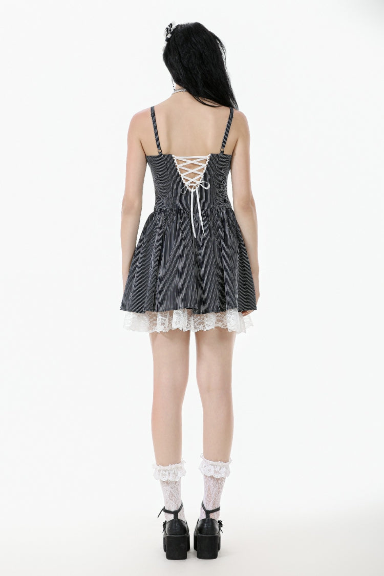 Black/White Pinstriped Sleeveless Lace Lace-Up Women's Gothic Lolita Slip Dress Graduation Dress - Product - 4
