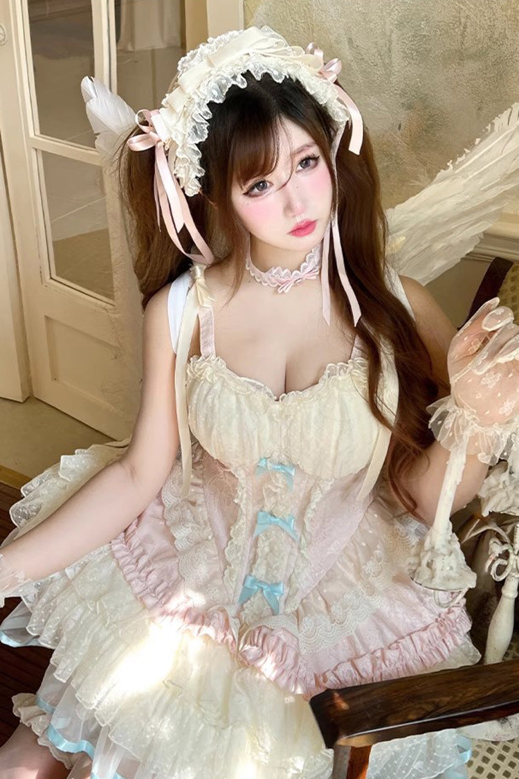 Pink/Beige [Sweet Dream Peach] Sleeveless Multi-Layered Ruffle Bowknot Lace Sweet Ballet Lolita Jsk Dress - Product - 9