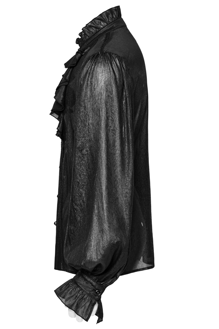 Black Stand Collar Jacquard Ruffle Men's Gothic Blouse - Product - 6
