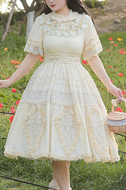 Beige arricciato colletto tondo pizzo croce ricamo floreale maniche corte taglie forti vista frontale dolce (solo abito).