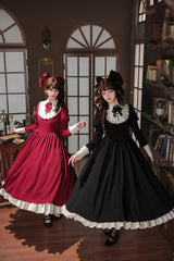 [Miss Lita] Stand Collar Long Lantern Sleeves Triple-Layered Ruffled Classic Elegant Maid Lolita Dress 2 Colors (Red, Black) - Product - 8