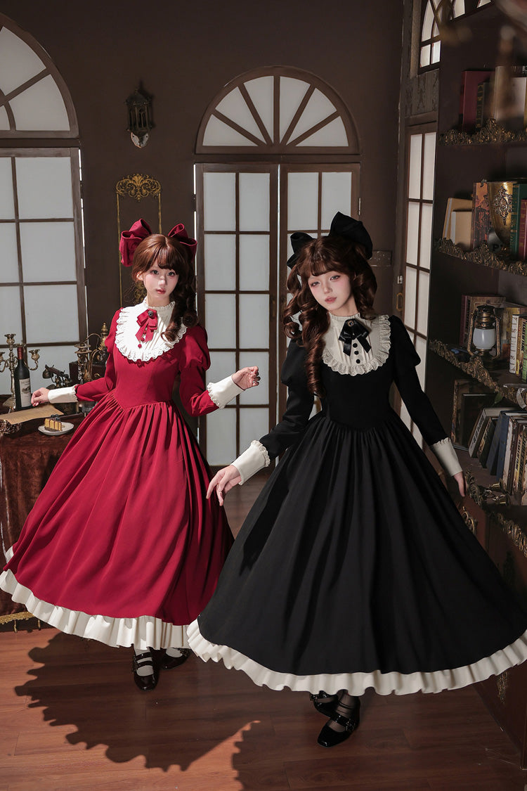 [Miss Lita] Stand Collar Long Lantern Sleeves Triple-Layered Ruffled Classic Elegant Maid Lolita Dress 2 Colors (Red, Black) - Product - 8