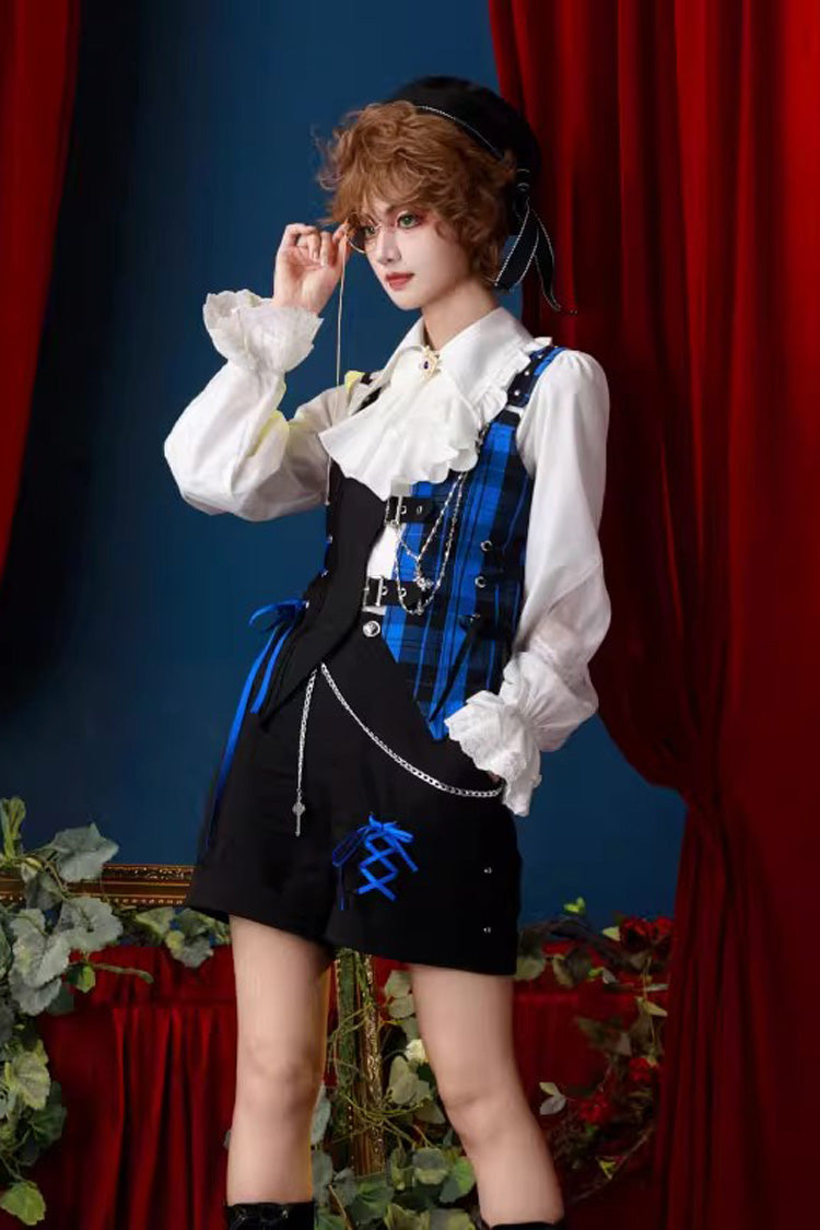 Subculture Plaid Print Ouji Fashion Prince Lolita Blouse Shorts Vest Set - Blue/Black - 1