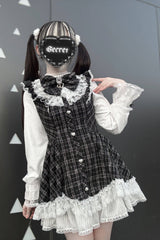 Black [Lunar Eclipse Doll] Long Sleeves Plaid Printed Ruffled Bow Lace Sweet Jirai Kei Japanese Dress Shorts Set - Product - 3