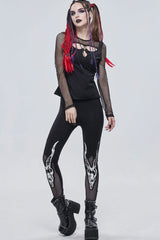 Black Gothic Stretch Knitted Fabric Spliced Mesh Devil Sheep Head Pattern Printing Women's Leggings - Product - 9