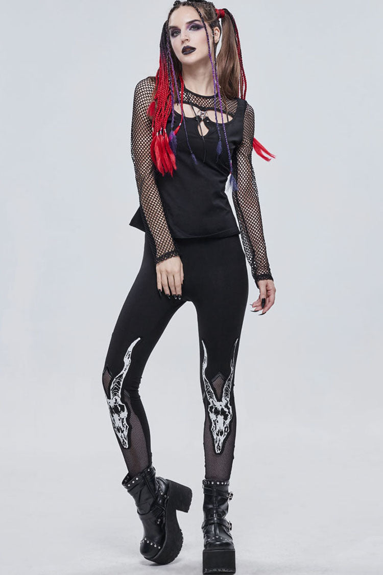 Black Gothic Stretch Knitted Fabric Spliced Mesh Devil Sheep Head Pattern Printing Women's Leggings - Product - 9