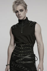 Black Skull Stitching Lace-Up Mesh Men's Gothic Girdle - Black - 1