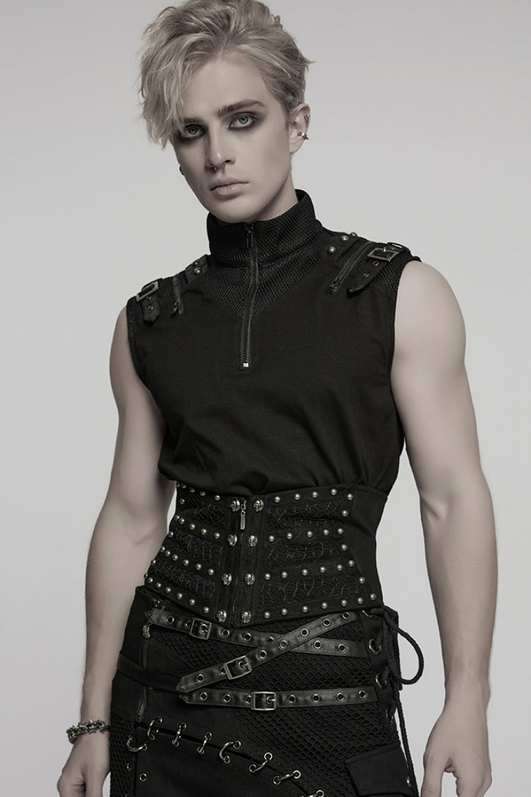 Black Skull Stitching Lace-Up Mesh Men's Gothic Girdle - Black - 1