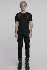 Black Round Collar Short Sleeves Studded Buckle Strap Men's Punk T-Shirt - Product - 4