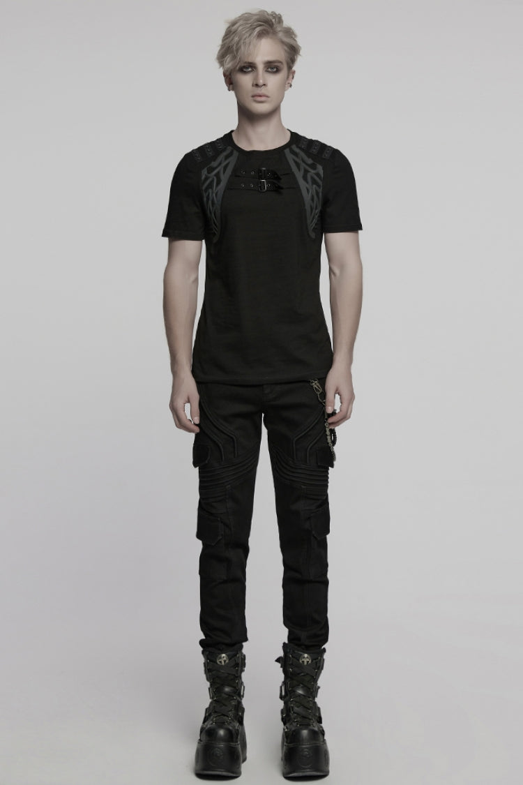 Black Round Collar Short Sleeves Studded Buckle Strap Men's Punk T-Shirt - Product - 4