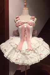 Pink/White Ribbon Embroidery Bowknot Lace-Up Sweet Elegant Princess Lolita Dress - Pink/White - 1