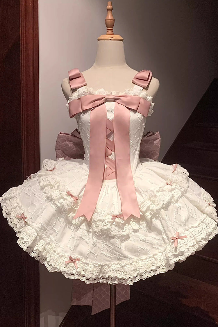Pink/White Ribbon Embroidery Bowknot Lace-Up Sweet Elegant Princess Lolita Dress - Pink/White - 1
