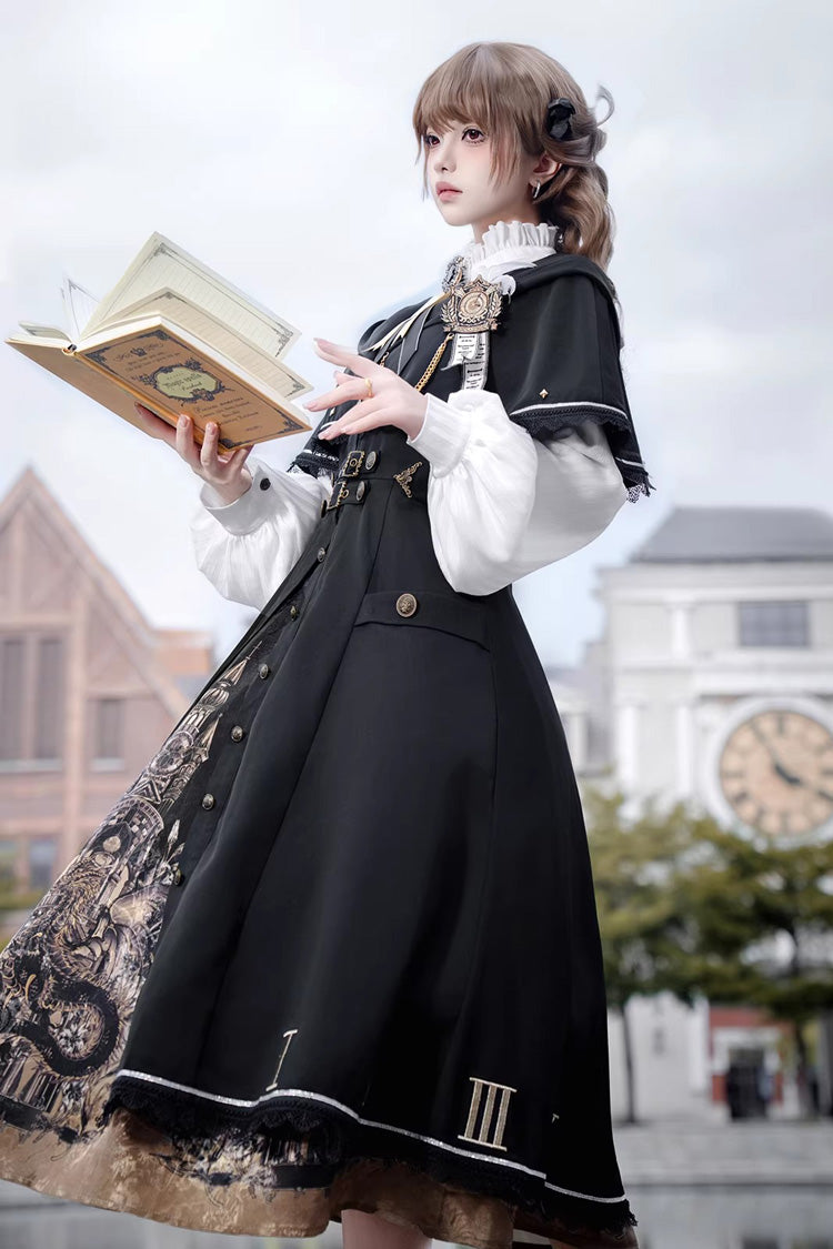 Black [Dragon’s Aria] Long Sleeves Printed Embroidered College Style Gothic Vintage Lolita Dress Three-Piece Set - Product - 4