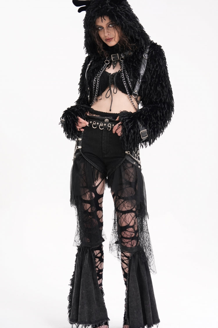 Black Long Sleeves Hooded Women's Gothic Chain Buckle-up Horn Cape - Product - 7