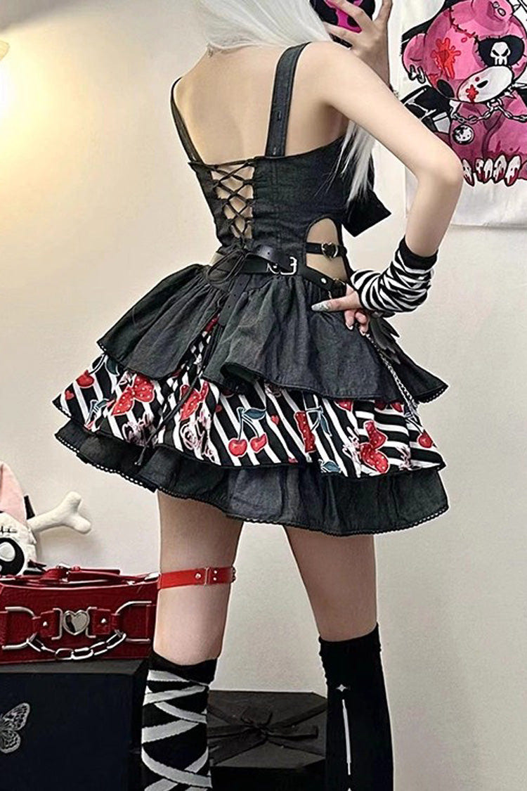 Black [Cherry] Sleeveless Triple-Layered Print Ruffle Bowknot Denim Sweet Japanese Vintage Lolita Jsk Dress - Product - 9